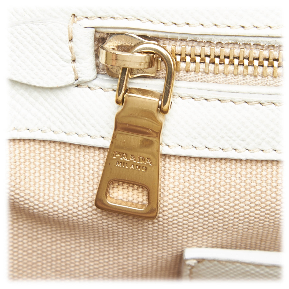 Prada Beige Saffiano Lux Leather Micro Matinée Top Handle Bag at