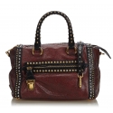 Prada Vintage - Studded Leather Craquele Satchel Bag - Nero Bordeaux Rosso - Borsa in Pelle - Alta Qualità Luxury