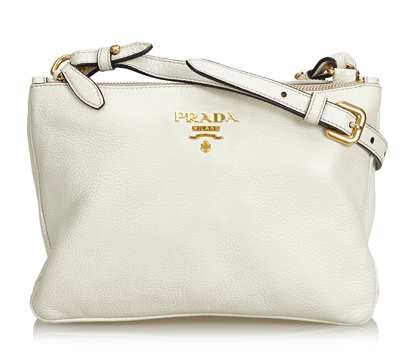 Prada Womens Vitello Phenix Shoulder Flop Ivory Leather Crossbody Bag 1BD163