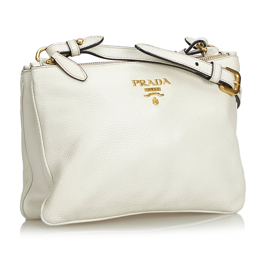 Prada Women's White Vitello Phenix Leather Crossbody HandBag 1BH079