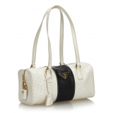 Prada Vintage - Perforated Saffiano Fori Striped Bauletto Bag - White Black - Leather Handbag - Luxury High Quality