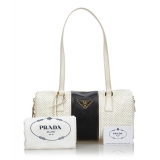 Prada Vintage - Perforated Saffiano Fori Striped Bauletto Bag - White Black - Leather Handbag - Luxury High Quality