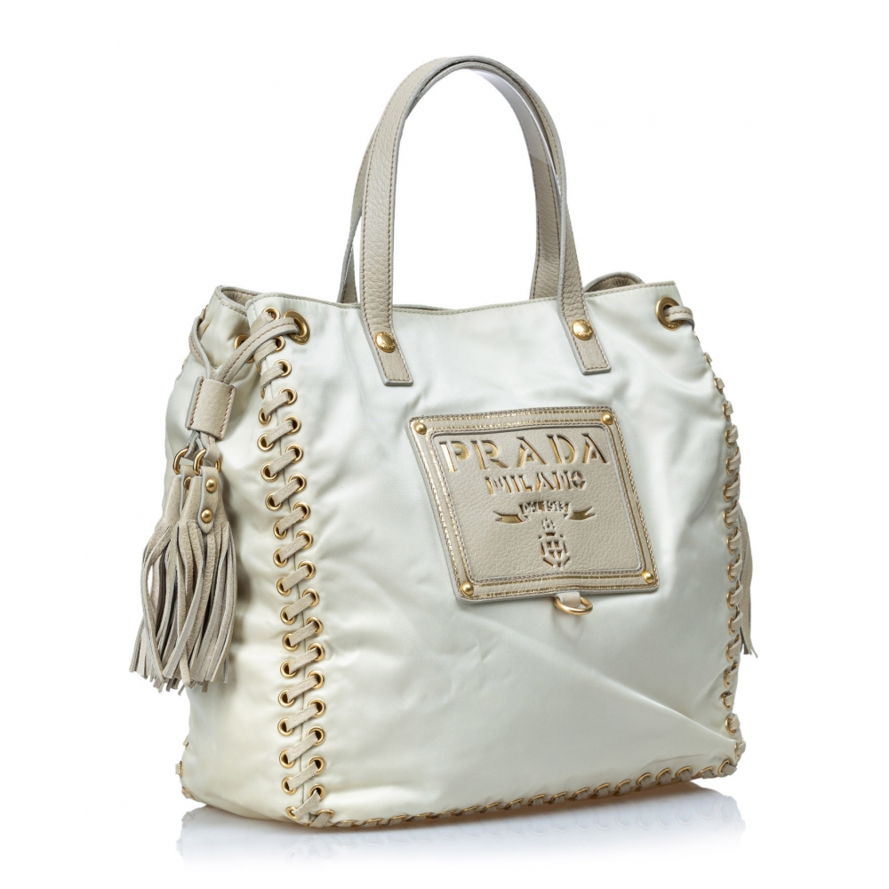 Prada Off White Leather Drawstring Tassel Bucket Bag Prada