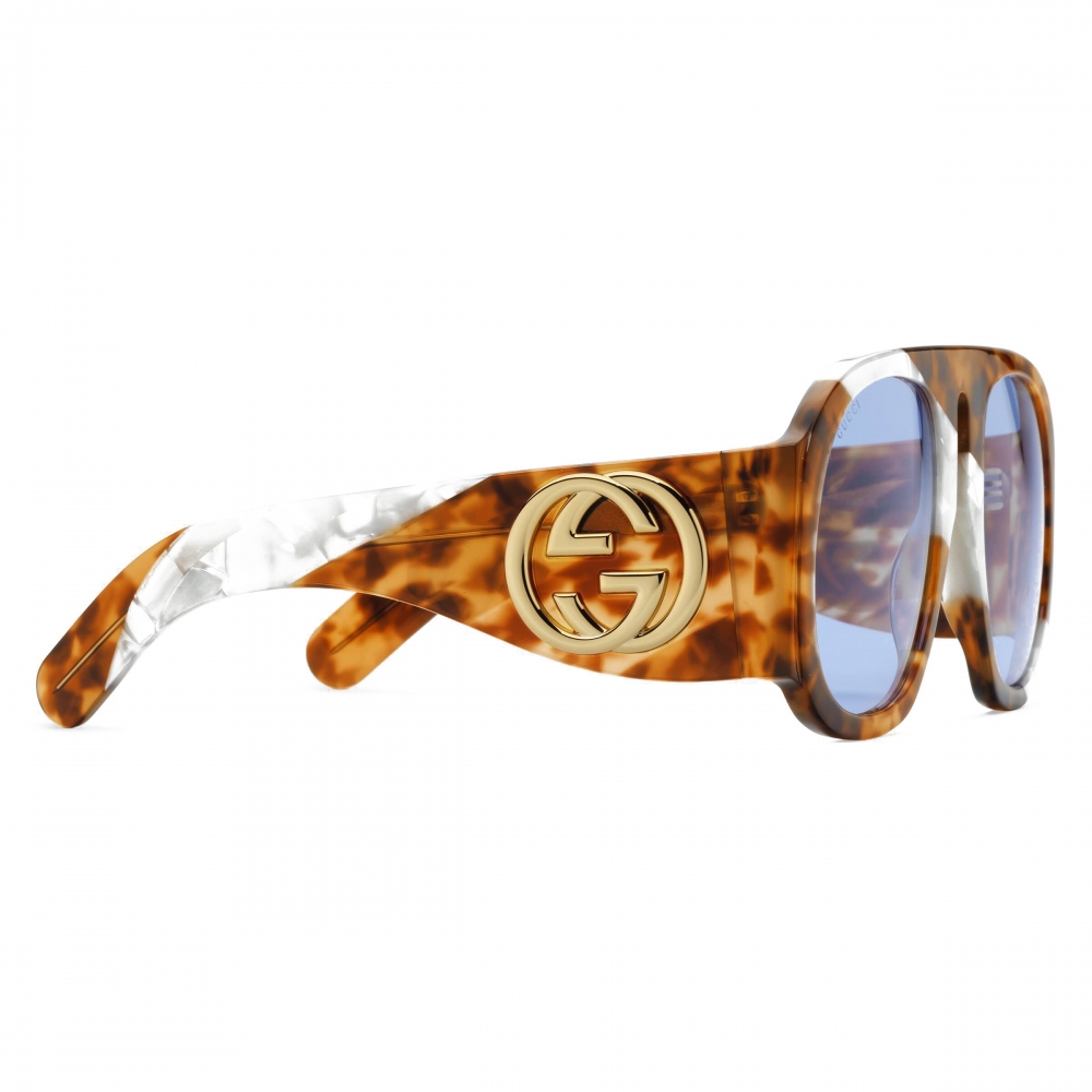 Gucci Round Frame Acetate Sunglasses Tortoiseshell And White Mother Of Pearl Gucci Eyewear