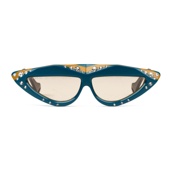 Gucci - Oval Sunglasses with Swarovski Crystals - Light Blue and Black - Gucci Eyewear