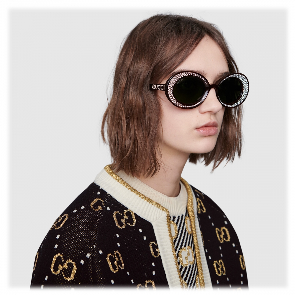 Gucci - Oval Sunglasses with Swarovski Crystals - Tortoiseshell - Gucci ...