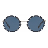 Valentino - Occhiale da Sole Tondo in Metallo con Cristalli - Blu Scuro - Valentino Eyewear