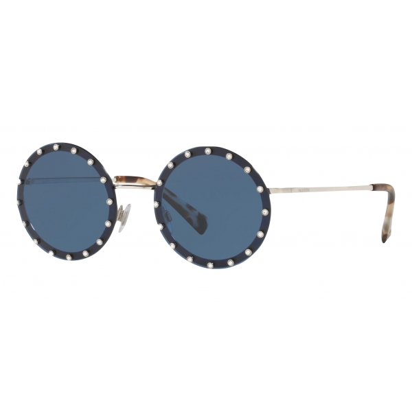 Valentino - Crystal Studded Round Frame Metal Sunglasses - Dark Blue - Valentino Eyewear