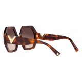 Valentino - Occhiale da Sole Oversize Esagonale in Acetato VLOGO - Marrone - Valentino Eyewear