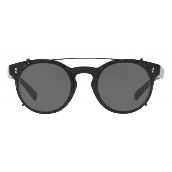 Valentino - Occhiale da Sole Tondo in Acetato con Clip con Cristalli - Nero - Valentino Eyewear