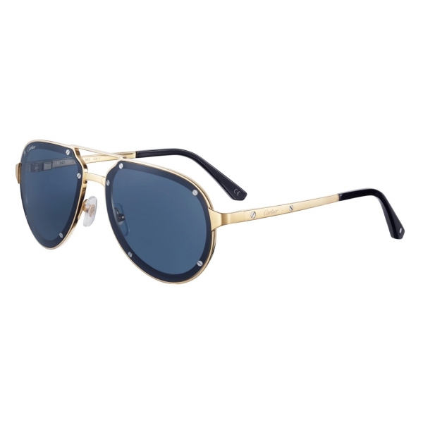 Cartier - Aviator – Brushed Golden Metal Blue Lenses - Santos de Cartier - Sunglasses - Cartier Eyewear