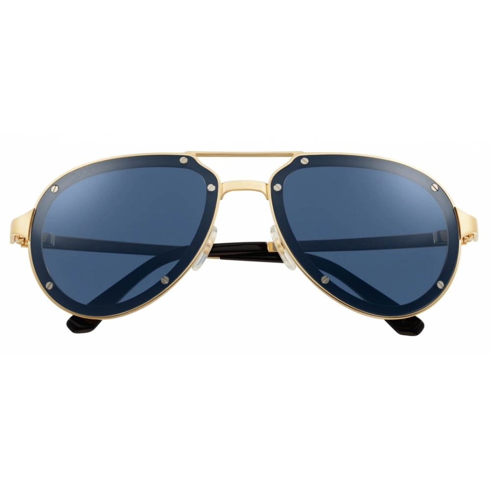 Cartier Aviator Brushed Golden Metal Blue Lenses Santos De Cartier Sunglasses Cartier 