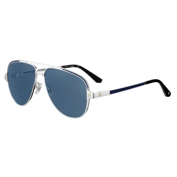 Cartier - Aviator - Brushed Platinum Metal Polarised Blue Lenses - Santos de Cartier - Sunglasses - Cartier Eyewear