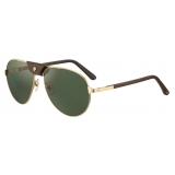 Cartier - Aviator - Oakwood Golden Metal Green Lenses - Santos de Cartier - Sunglasses - Cartier Eyewear