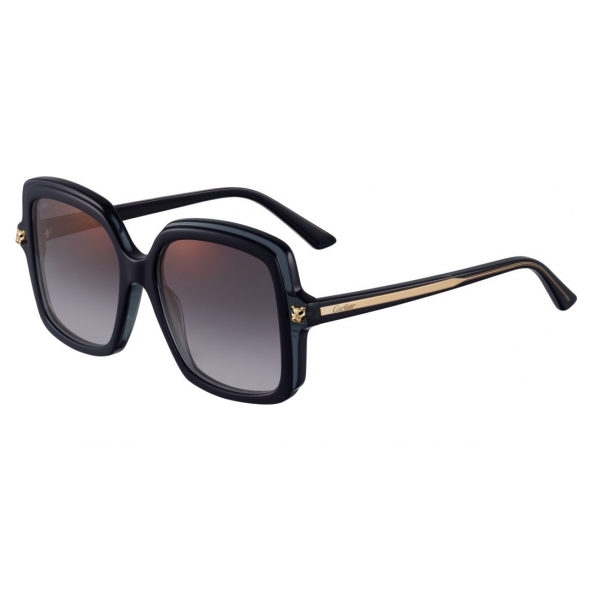 Cartier - Rectangular - Acetate Black Gray Lenses Gold Flash - Large - Panthère de Cartier - Sunglasses - Cartier Eyewear