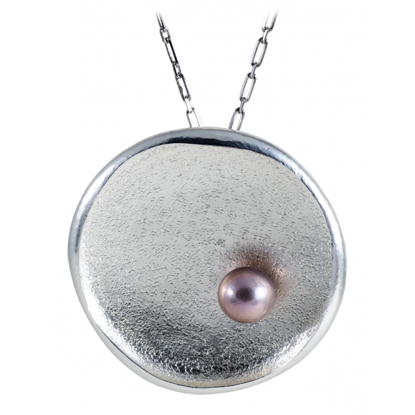 Ab Ove - Round Flat Big Pendant in Silver with River Pearl - Venus Collection - Handcrafted Earrings - High Quality Luxury