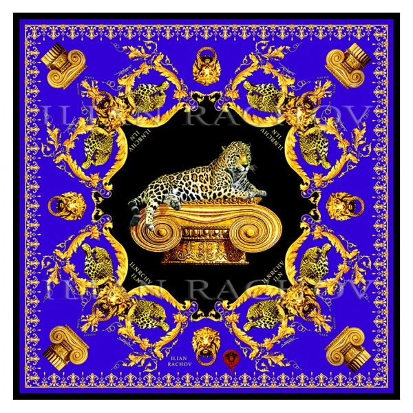 Ilian Rachov - Imperial Jaguar Blu Silk Scarf - Baroque - Foulard in Seta - Alta Qualità Luxury