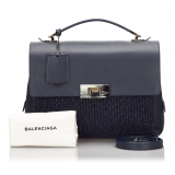 Balenciaga Vintage - Straw Le Dix Satchel - Blu Navy - Borsa in Paglia e Pelle - Alta Qualità Luxury