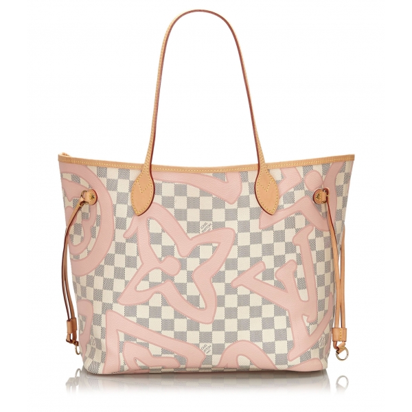 Louis Vuitton Damier Azur Giant Monogram Neverfull Bag MM White Pink