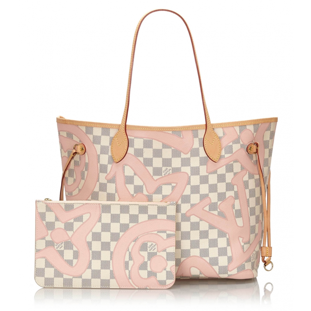 Louis Vuitton Damier Azur Giant Monogram Neverfull Bag MM White Pink