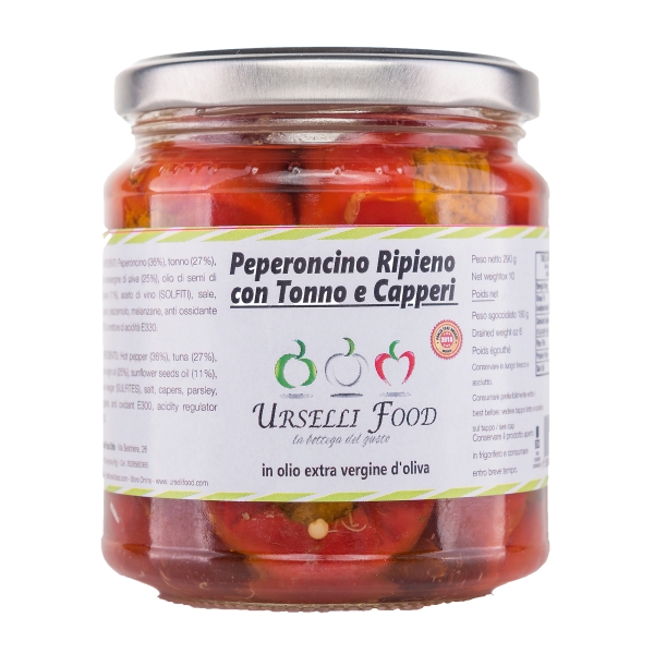 Urselli Food - Peperoncino Ripieno con Tonno e Capperi in Olio Extravergine di Oliva - Olio di Alta Qualità Italiano - Puglia