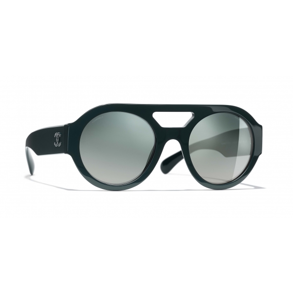 Chanel - Occhiali Rotondi da Sole - Verde Scuro Specchiato - Chanel Eyewear