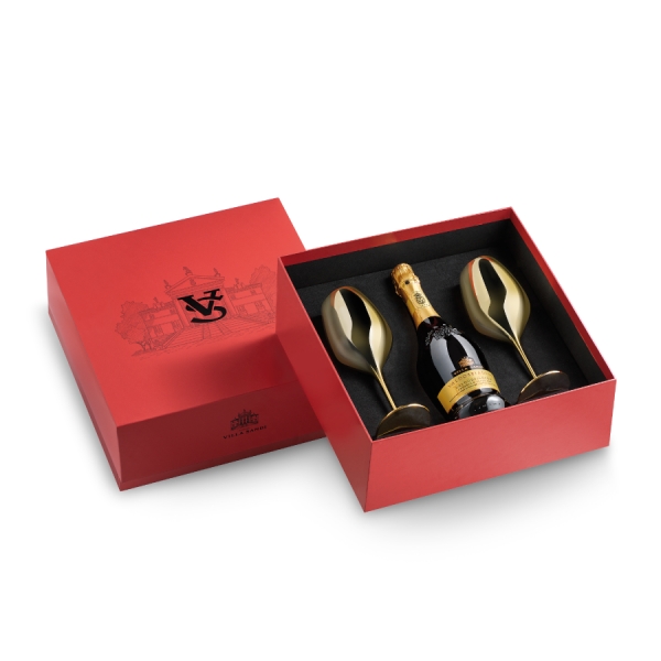 Villa Sandi - Confezione Rossa - Gift Box con Bottiglia e Calici Oro - Vino Spumante di Qualità - Prosecco e Spumanti
