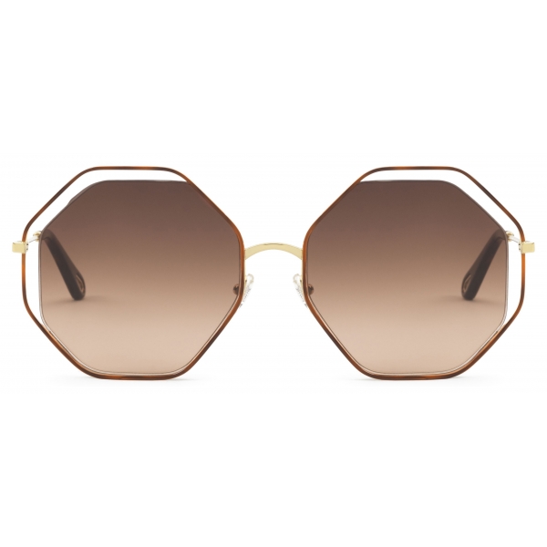 Chloé - Poppy Octagonal Metal Sunglasses - Gold Havana Brown - Chloé Eyewear
