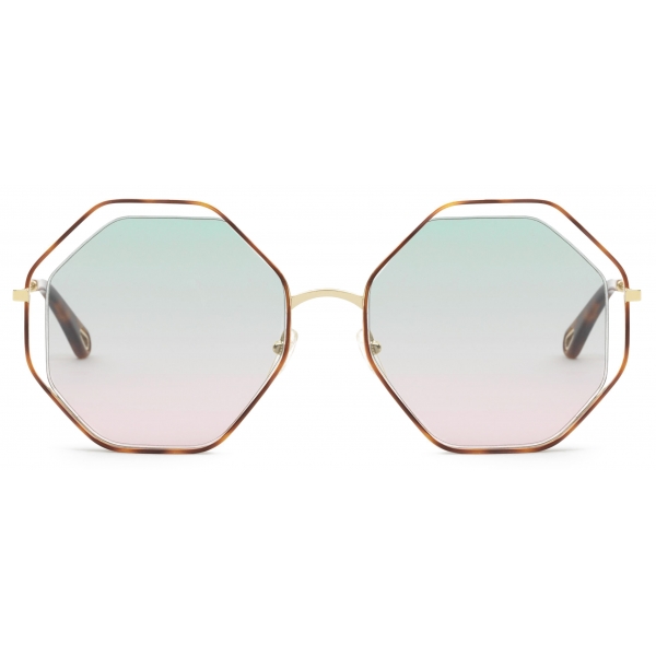 Chloé - Poppy Octagonal Metal Sunglasses - Gold Havana Green Pink - Chloé Eyewear