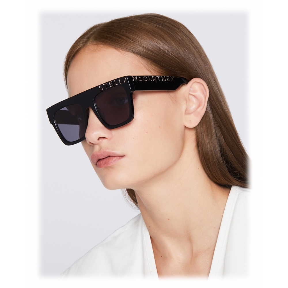 Stella Mccartney Glossy Black Cat Eye Sunglasses With Logo Black Gold Sunglasses Stella 