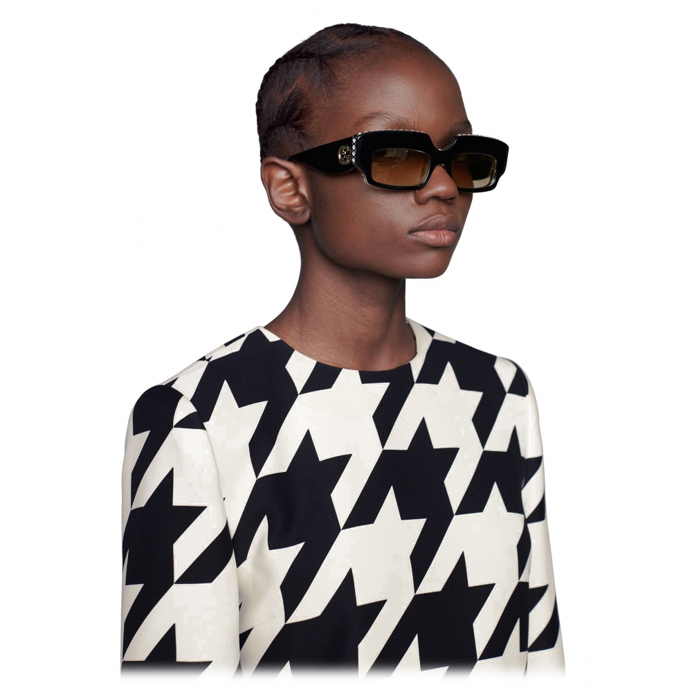 Gucci - Rectangular Sunglasses with Crystals - Black - Gucci