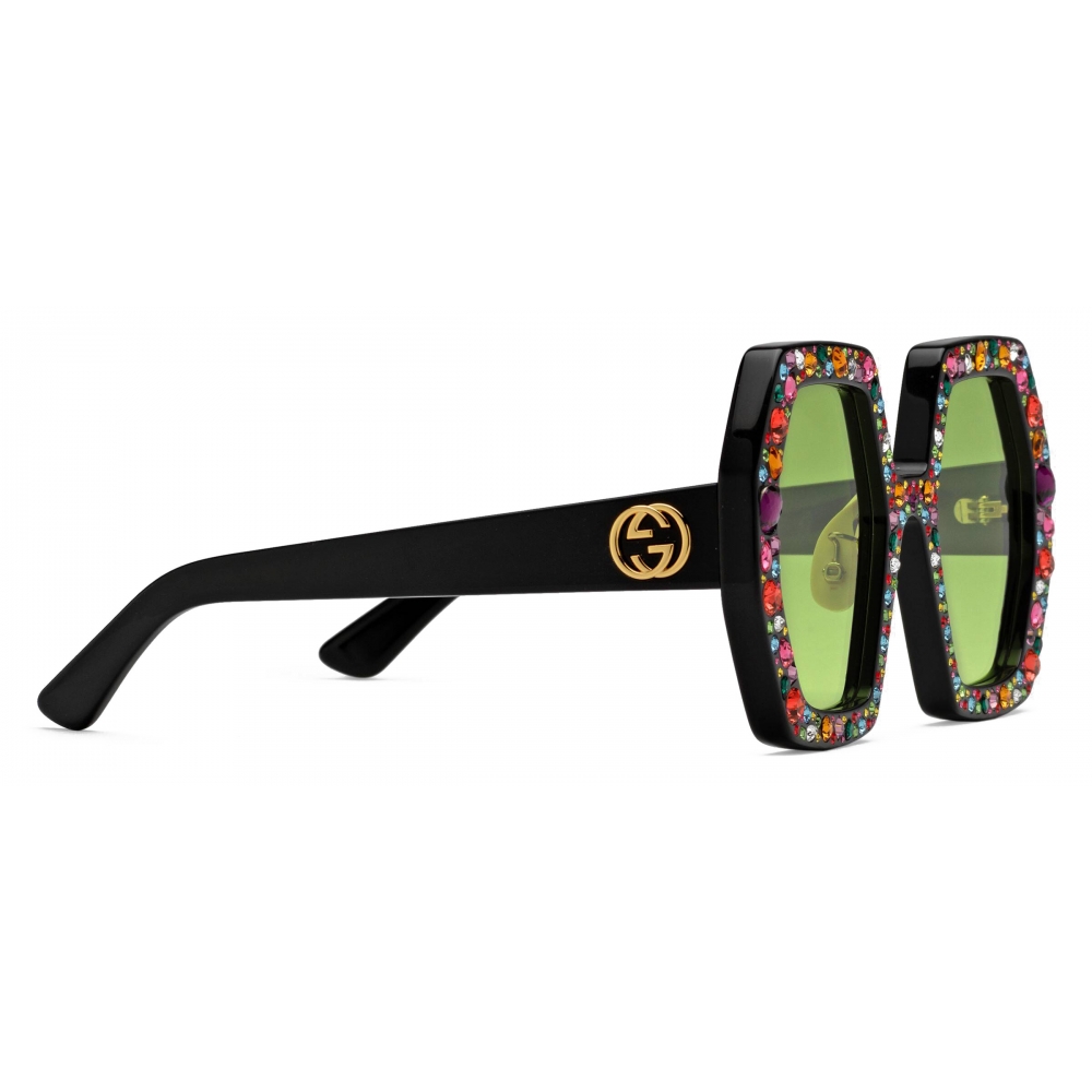 Gucci - Rectangular Sunglasses with Crystals - Black - Gucci