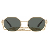 Valentino - Occhiale da Sole Ottagonale in Metallo con Catena Vlogo Signature - Oro Verde - Valentino Eyewear