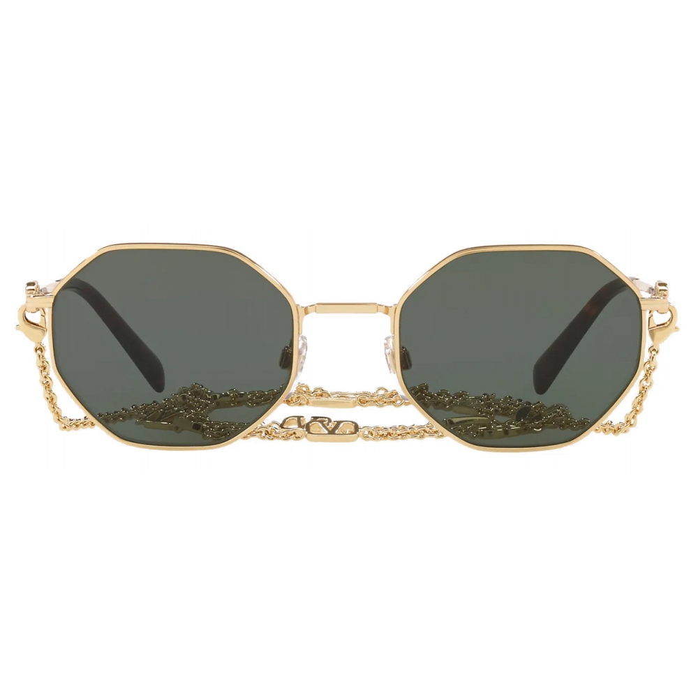 Valentino - Octagonal Metal Frame with Vlogo Chain Sunglasses - Gold Green - Valentino Eyewear - Avvenice