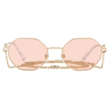 Valentino - Occhiale da Sole Ottagonale in Metallo con Catena Vlogo Signature - Oro Rosa - Valentino Eyewear