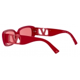 Valentino - Occhiale da Sole Ovale in Acetato con Vlogo - Rosso - Valentino Eyewear