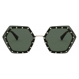 Valentino - Occhiale da Sole Esagonale in Metallo con Cristalli - Oro Verde - Valentino Eyewear