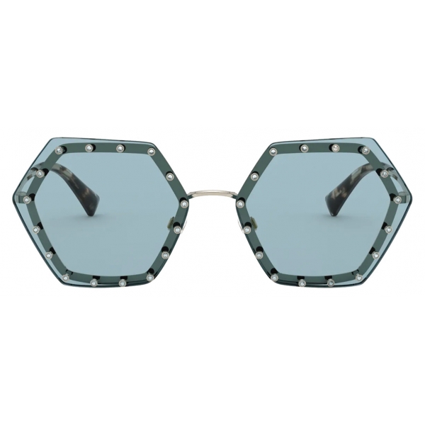 Valentino - Occhiale da Sole Esagonale in Metallo con Cristalli - Oro Azurro - Valentino Eyewear