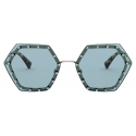 Valentino - Hexagonal Metal Frame with Crystal Studs Sunglasses - Gold Azure - Valentino Eyewear