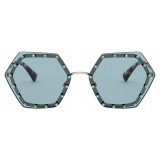 Valentino - Occhiale da Sole Esagonale in Metallo con Cristalli - Oro Azurro - Valentino Eyewear