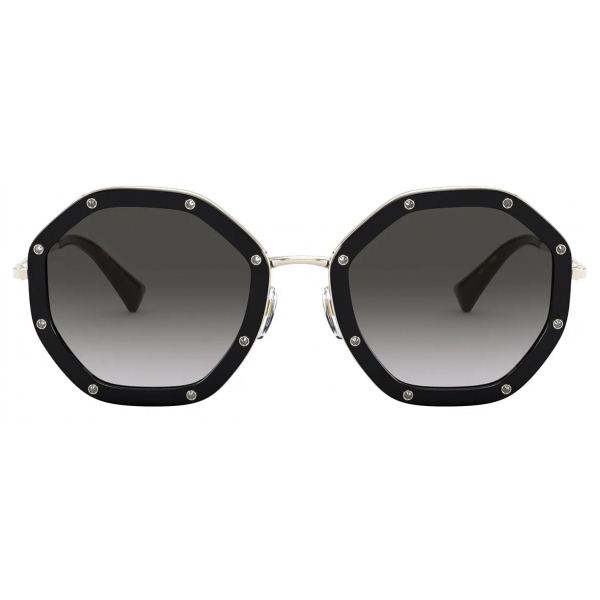 Valentino - Occhiale da Sole Ottagonale in Metallo con Cristalli - Nero - Valentino Eyewear