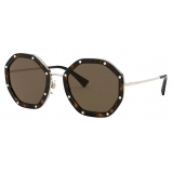 Valentino - Octagonal Metal Frame with Crystal Studs Sunglasses - Havana Brown - Valentino Eyewear