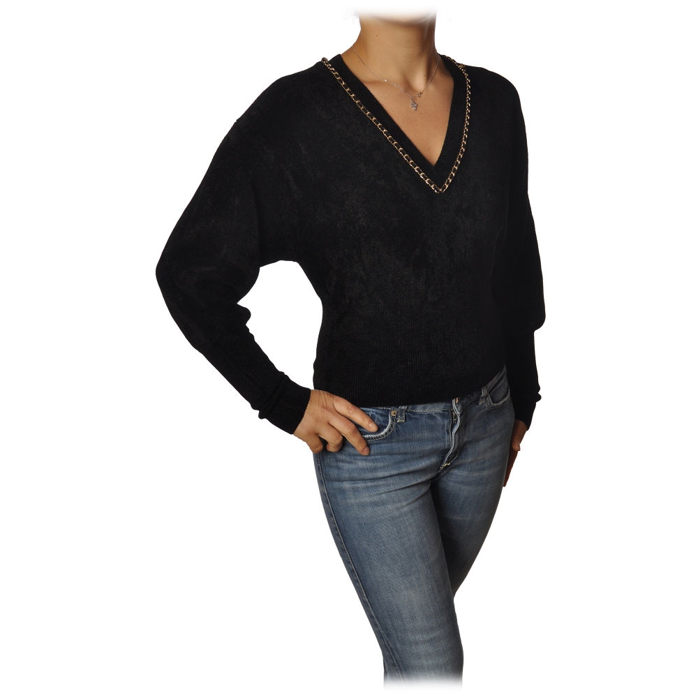 Elisabetta Franchi - Short Long Sleeve Sweater - Black - Sweater - Made in  Italy - Luxury Exclusive Collection - Avvenice