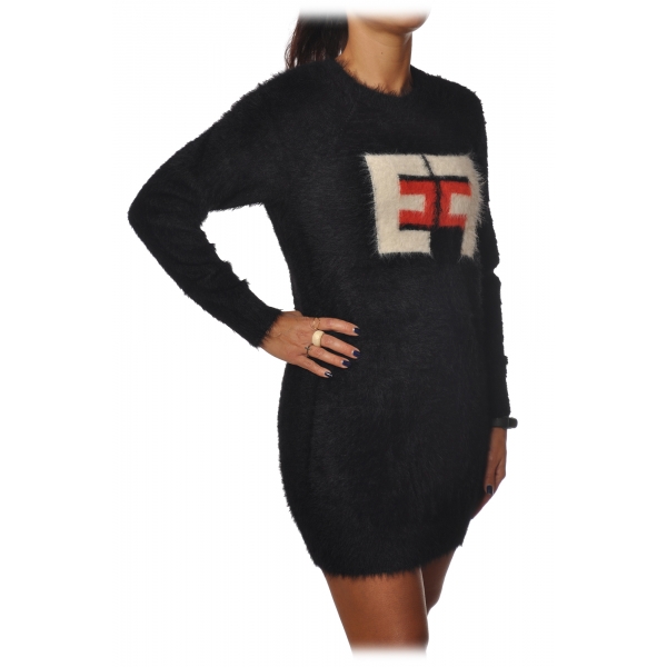 Elisabetta Franchi - Long-Sleeved Crew-Neck Mini Dress - Black Lacquer - Dress - Made in Italy - Luxury Exclusive Collection