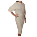 Elisabetta Franchi - 3/4 Long Sleeve Crew-Neck - Butter - Dress - Made in Italy - Luxury Exclusive Collection