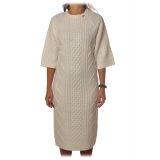 Elisabetta Franchi - 3/4 Long Sleeve Crew-Neck - Butter - Dress - Made in Italy - Luxury Exclusive Collection