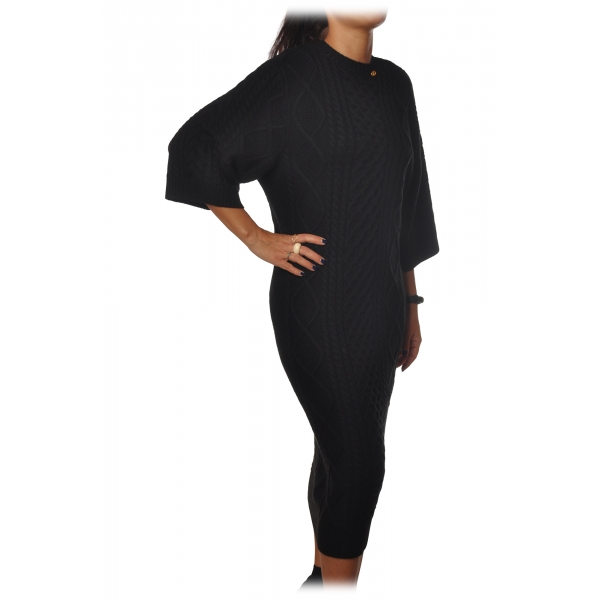 Elisabetta Franchi - 3/4 Long Sleeve Crew-Neck - Black - Dress - Made in Italy - Luxury Exclusive Collection